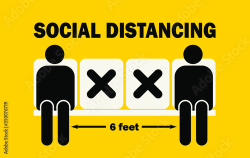Social distancing sign. bus stop sign. Man sitting chair.