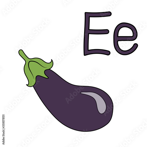Eggplant word in letter E. Cartoon outline of Chinese radish. Vector outline freehand drawing, sketch, vegetable, black lines, isolated white background, Visual material for the study of letters.