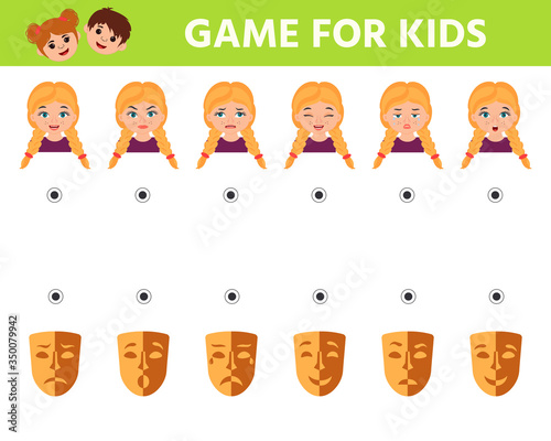 Math Game for children task for the development of logical thinking. Match parts of girls and emotions theater mask. Education developing worksheet