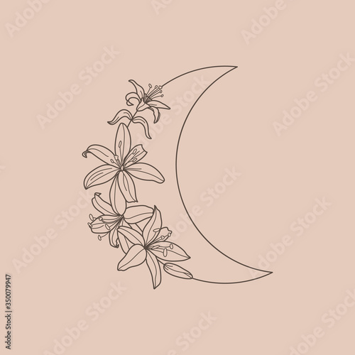 Crescent moon of Lily flowers in a trendy minimal linear style. Vector floral outline icon. Tattoo design