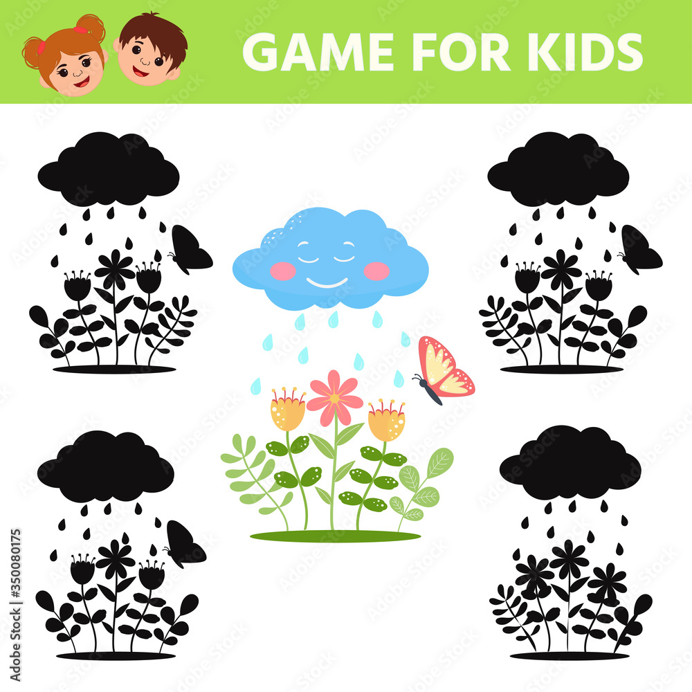 Game for kids. Find the right shadow. Preschool garden themed puzzle. Cute floral educational riddle. Worksheet for printing. Vector illustration Game for kids. Find the right shadow. Preschool garden themed puzzle. Cute floral educational riddle. Worksheet for printing. Vector illustration