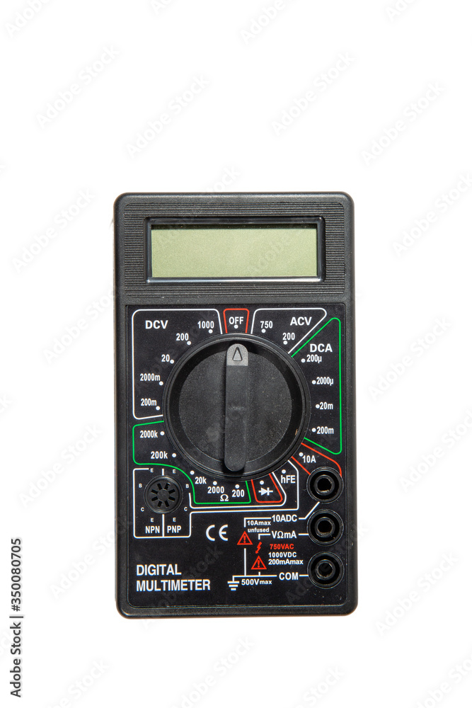 A device for measuring voltage, current, resistance. Multimeter on a white background.