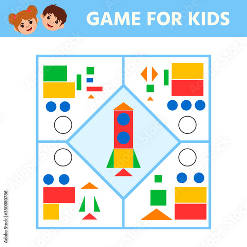 Education logic game for preschool kids for the development of logical thinking. Connect the details and  colorful geometric shapes. Preschool worksheet activity. Children funny riddle entertainment
