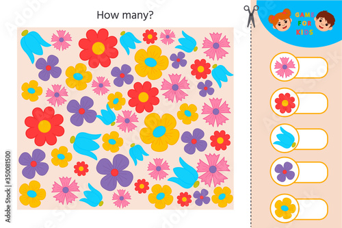 Kids learning collection. Educational a mathematical game for children. How many flower and write the result Preschool worksheet activity. Children funny riddle entertainment