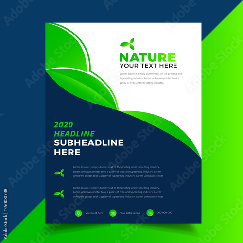 Vector eco flyer, poster, brochure, magazine cover template. Modern green leaf, environment design. Eco brochure design vector template. Corporate poster with green leaves.
