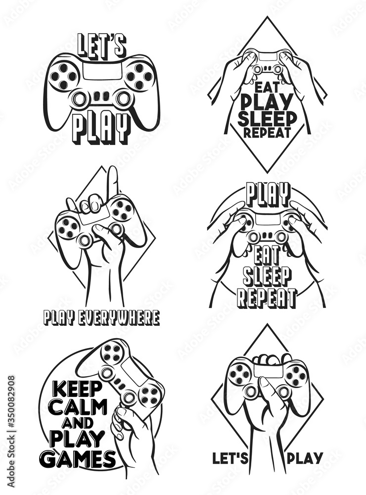 Set of logos for the gamer. Vector illustration of a joystick for video games and hands with inscriptions. Print for a lover of computer games. Black and white game console. Gamepad for youth