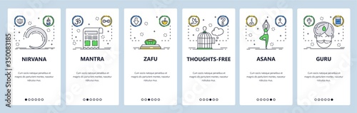 Buddhist website and mobile app onboarding screens vector template