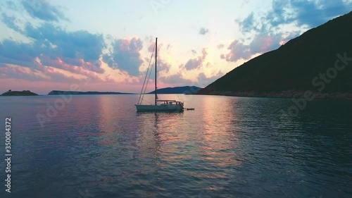 Only one boat on the sea at the amazing sunset