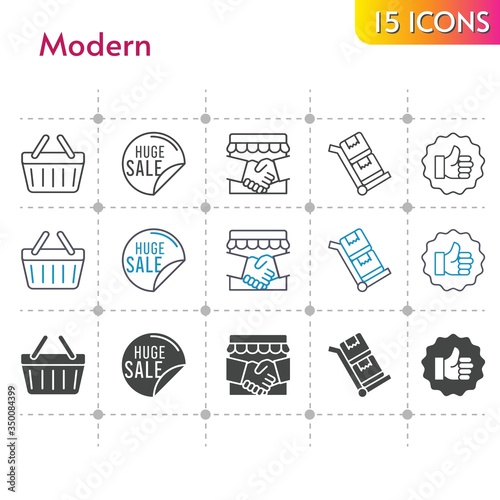 modern icon set. included handshake, sale, like, shopping-basket, shopping basket, trolley icons on white background. linear, bicolor, filled styles.