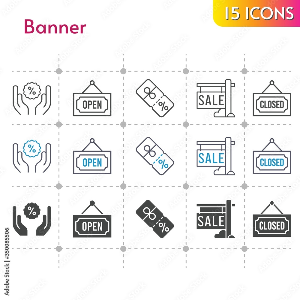 banner icon set. included sale, discount, closed, open icons on white background. linear, bicolor, filled styles.