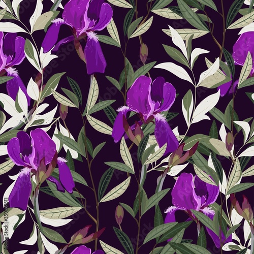 Seamless vector floral pattern. Arrangement lilac iris flowers by delicately green leaves on a white background. Hand-drawn illustration. Square repeating pattern for fabric and wallpaper