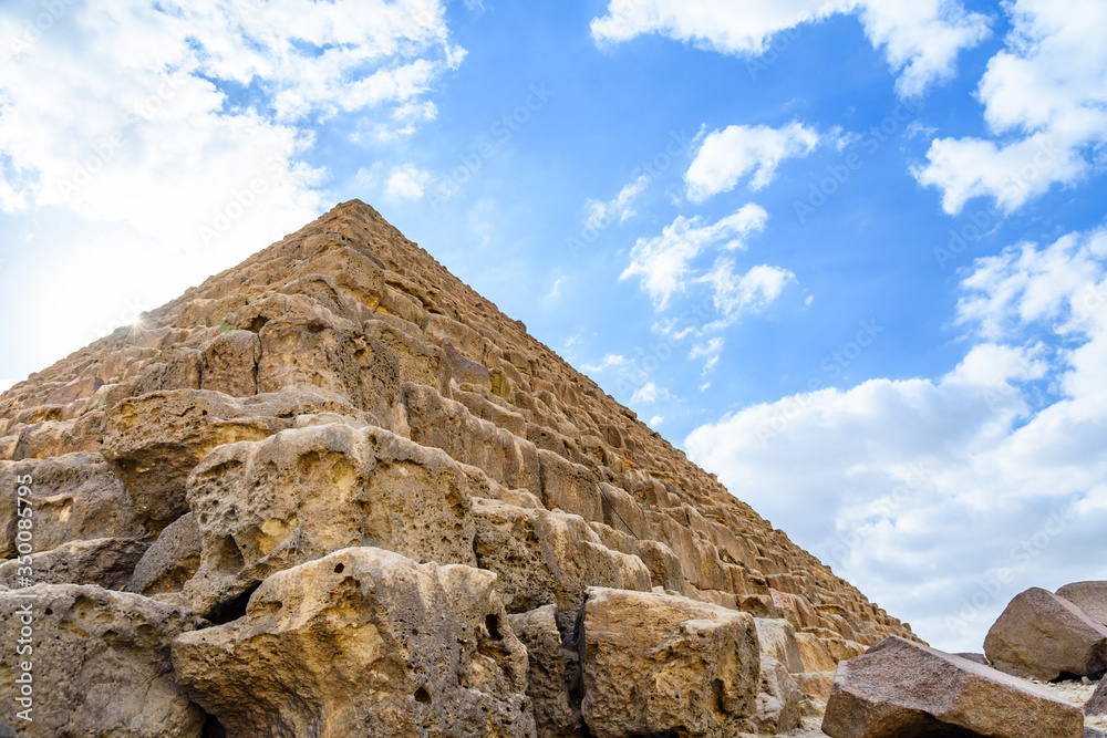 Closeup view on a great pyramid of Cheops in Giza plateau. Cairo, Egypt