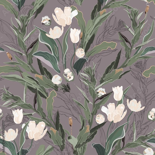 Inflorescences of yellow tulip flowers in dense green thickets of leaves and twigs of grass on a white background. Hand-drawn seamless vector pattern. Square repeating design for fabric and wallpaper