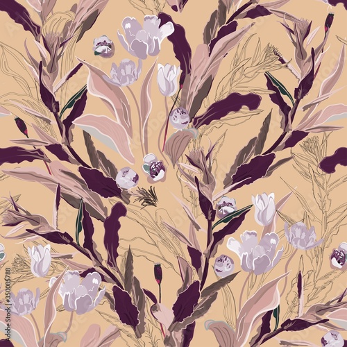 Inflorescences of yellow tulip flowers in dense green thickets of leaves and twigs of grass on a white background. Hand-drawn seamless vector pattern. Square repeating design for fabric and wallpaper