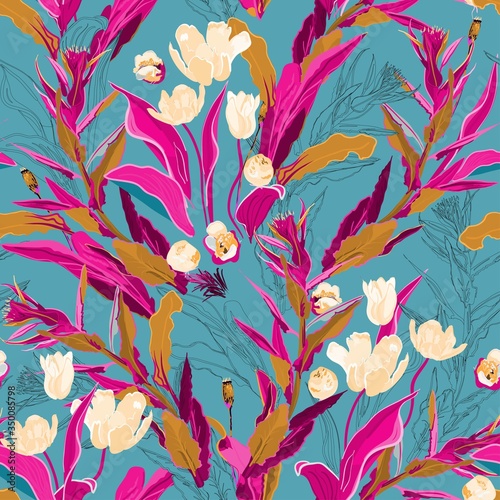 Inflorescences of yellow tulip flowers in dense green thickets of leaves and twigs of grass on a white background. Hand-drawn seamless vector pattern. Square repeating design for fabric and wallpaper