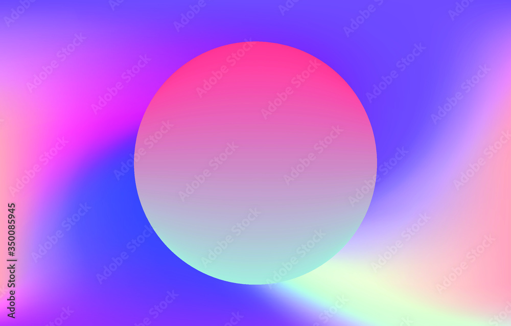 Colorful gradient sphere on iridescent holographic background . Surreal vivid blurred backdrop and wallpaper.