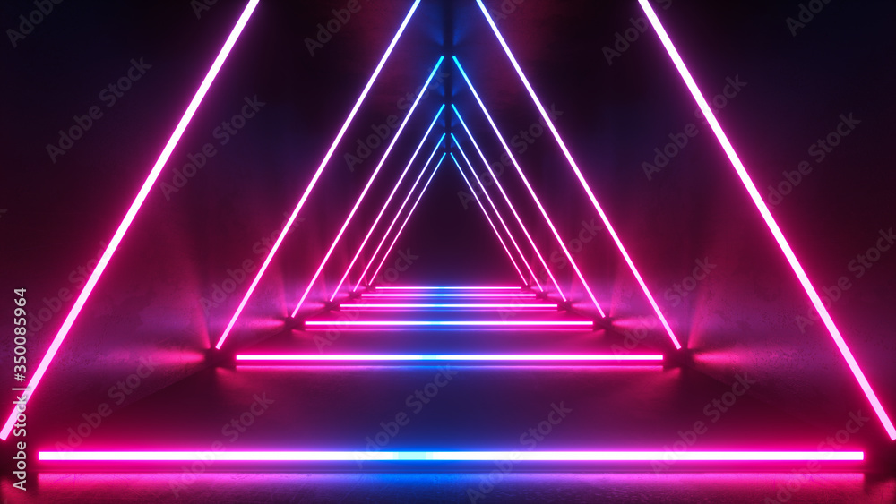 Fototapeta premium neon light shapes on black background,rainbow colors, empty space, 80's retro style, fashion show stage, abstract background, 3d rendering,conceptual image