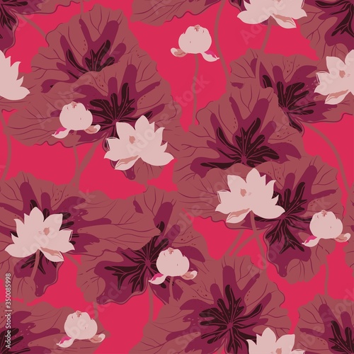 Red lotuses with large green leaves on a gentle light green  aquamarine  turquoise background. Vector seamless floral pattern. Square repeating design for fabric and wallpaper. 