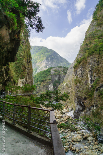 Taroko national park canyon landscape in Hualien, Taiwan. Natural canyon and river view of Swallow Grotto (Yanzikou) hiking trail area. 