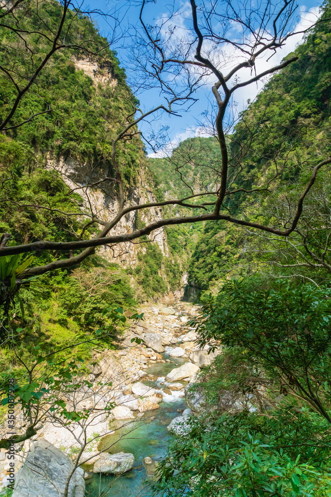 Fototapeta premium Taroko national park canyon landscape in Hualien, Taiwan. Nature view of Shakadang hiking trail.