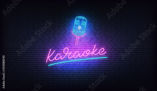Karaoke neon sign. Neon label with microphone and Karaoke lettering