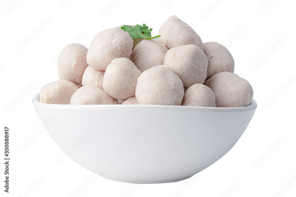 Asian Pork Meatballs in white bowl isolated on white background. Asian Pork Meatballs in white bowl isolated on white background.