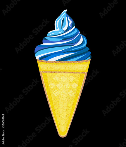 Isolated vector image of bright blue soft ice cream in a waffle Cup. Cartoon, realistic style, summer sweetness for the heat. Product with food dyes. Fast food.
