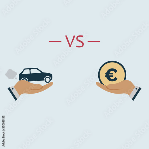 car VS money euro coin. concept sale car. car versus euro