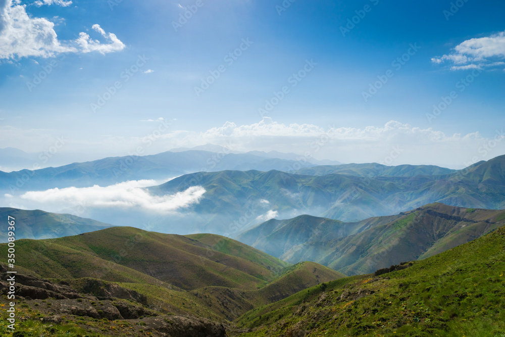 Dramatic mountain landscape of Alamut mountain range in Alamut region in the South Caspian province  in Iran. Concept photo for trekking, hiking, adventure, waking, outdoor activities