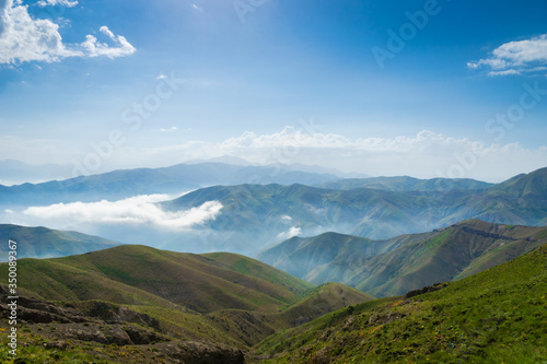 Dramatic mountain landscape of Alamut mountain range in Alamut region in the South Caspian province  in Iran. Concept photo for trekking, hiking, adventure, waking, outdoor activities © uskarp2
