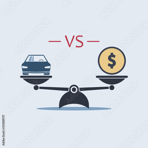 car vs dollar money icon on scale. vector symbol in flat style. buying car concept