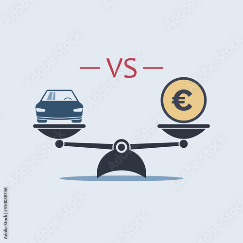 car vs euro money icon on scale. vector symbol in flat style. buying car concept