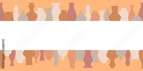 Pottery flat vector border. Handmade ceramic vase and pots . Pottery hobby. Banner for your Studio or shop. Horizontal format.