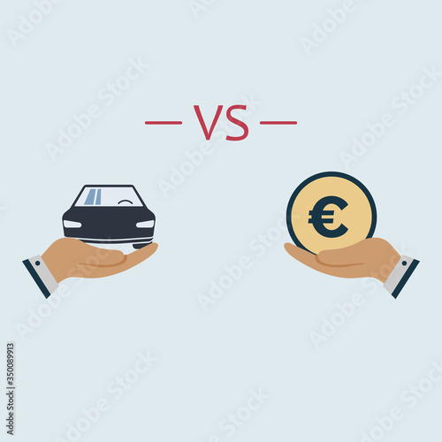 car vs euro money icon on hand. vector symbol in flat style. buying car concept