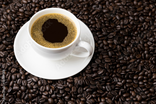 Hot black coffee with foam in a white coffee cup on coffee beans field background © 168 Studio