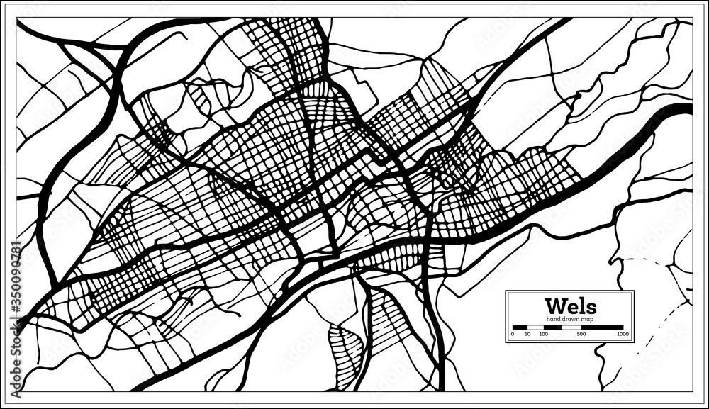 Wels Austria City Map in Black and White Color in Retro Style. Outline Map.
