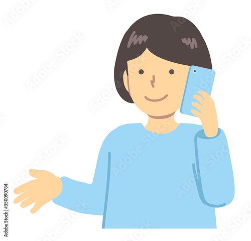 水色の服を着た/スマートフォンを持つ女の子