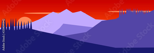 Abstract vector landscape with mountain view in phantom blue color tones.