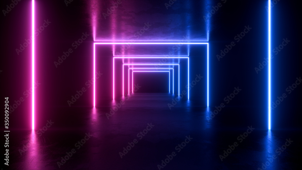 neon light shapes on black background,rainbow colors, empty space,  80's retro style, fashion show stage, abstract background, 3d rendering,conceptual image.