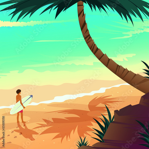 A man is enjoying the view of the beach and observing whether the waves are suitable for surfing.