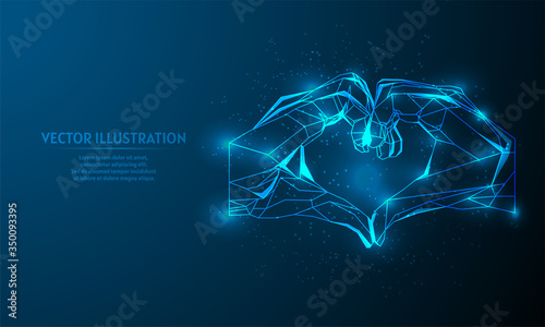 Glowing hand love on blue abstract background. low poly hand love backgraound. lines and triangles on blue background.