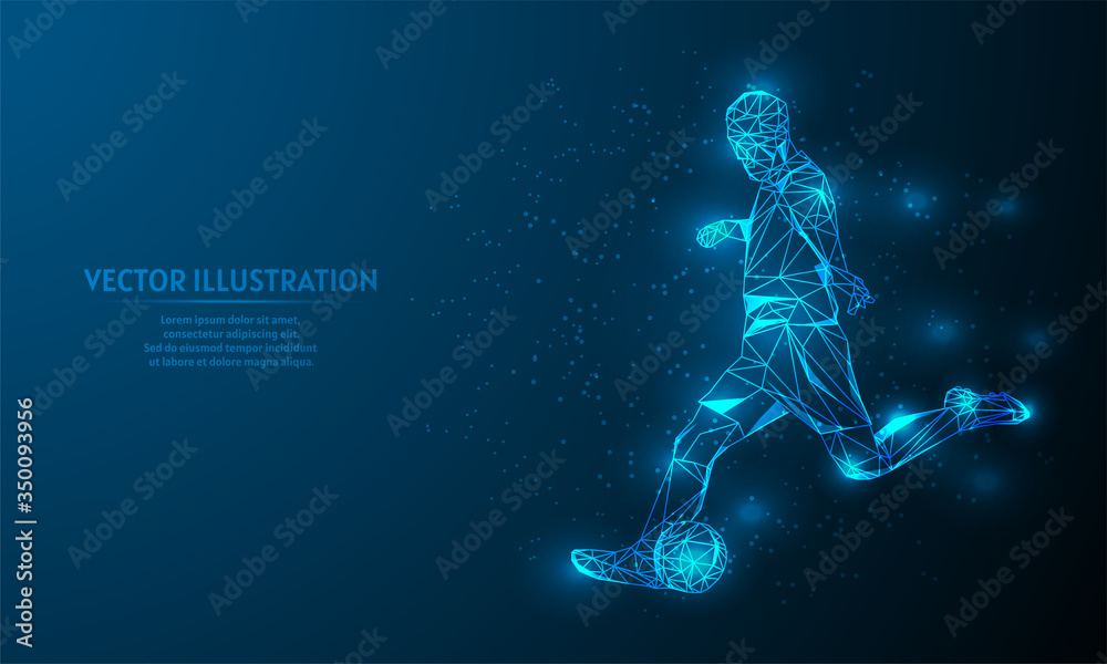 Glowing soccer on blue abstract background. low poly soccer  backgraound. lines and triangles on blue background.