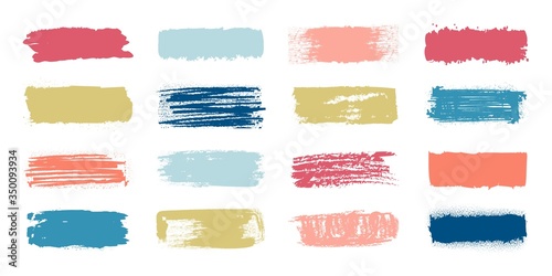 Brush paint swatch. Makeup strokes with fashion pastel colors, banners with patch and smudge effect. Vector set illustration of dab grunge labels for text on white background