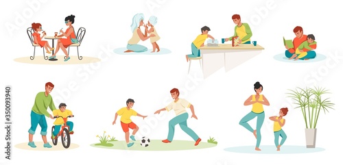 Family scenes. Kids and parents playing reading and spending time together, father mother daughter and son characters. Vector image family relationship, education mom, dad with kids photo