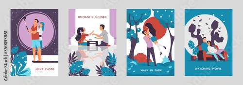 Romantic couples posters. Cartoon characters walking and enjoying time together, postcards with love scenes. Vector collections vertical illustrate image happy boy and girl on date