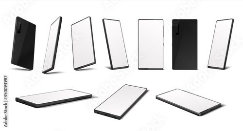 Realistic smartphone. Mobile phone mockup with blank screen in different isometric perspective. Vector illustration isolated 3D cellphone from different sides set isolated on white background