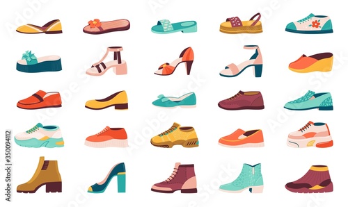 Cartoon shoes. Flat autumn footwear, running shoes and summer sandals, male and female sneakers and boots collection. Vector isolated illustration set of shoes