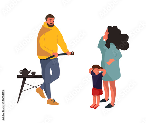 Angry father. Frightened mother and baby illustration. Family conflict vector cartoon concept