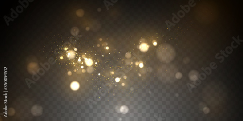 Golden particles, sparkling bokeh lights isolated on transparent background