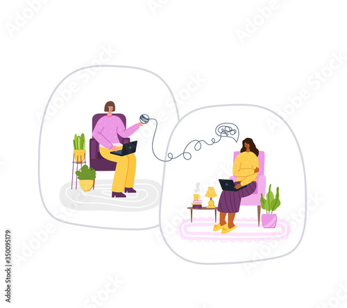 Psychological online services - personal distance support or assistance at home by internet. Upset girl listening to psychologist doctor, individual helpful therapy session or consultation vector